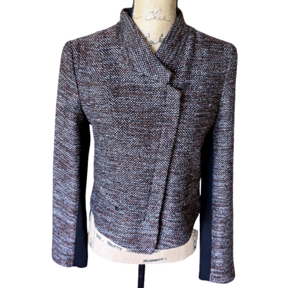 Ann Taylor Brown and Black Tweed Blazer Jacket Career‎ Academia Zipper Moto 4